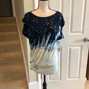 NWT!! Pink lotus T-shirt, gathered side, blue/wht